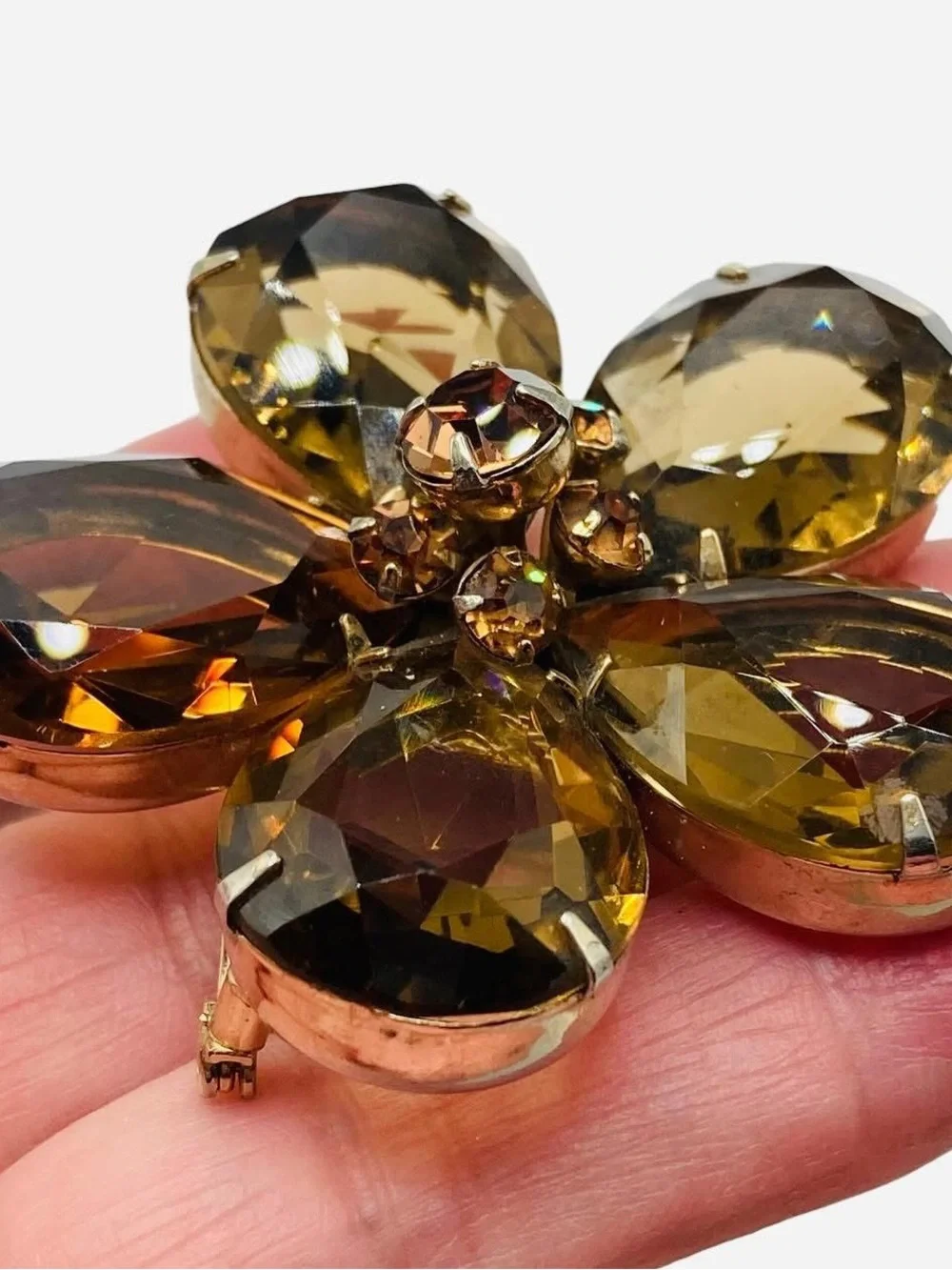Vintage Bergere Topaz Glass Flower Brooch Clip Earrings Set